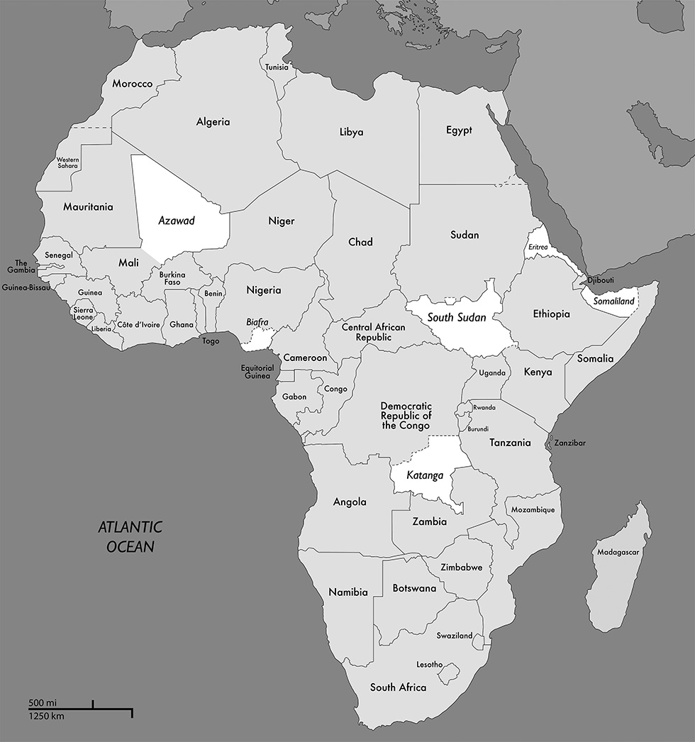 This map shows the entirety of Africa, highlighting the regions to be discussed in the book. These include Azawad—a northern region of Mali—in the west of Africa, South Sudan, just east of the centre of the continent, Eritrea and Somaliland in the north east, and Katanga—a southern region of the Democratic Republic of Congo—in the south central area of the continent.