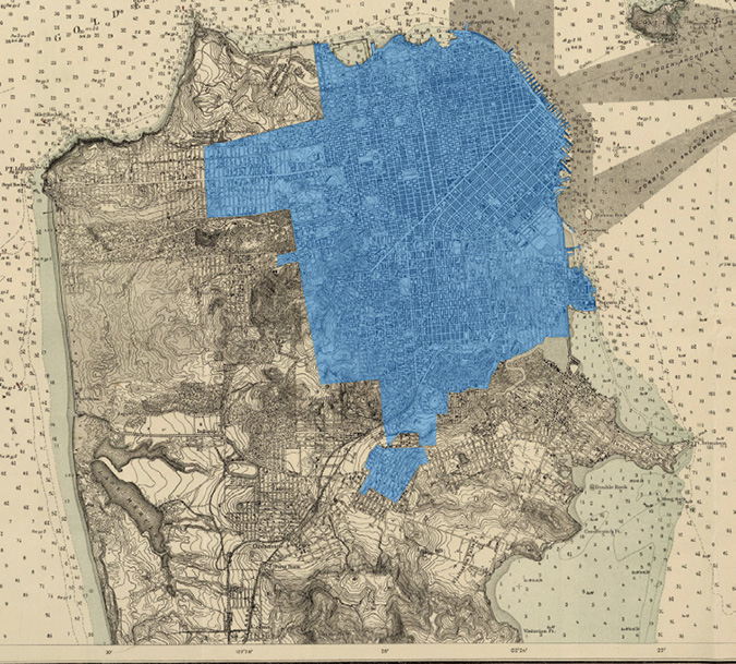 Historical map of San Francisco overlaid with transparent blue vector