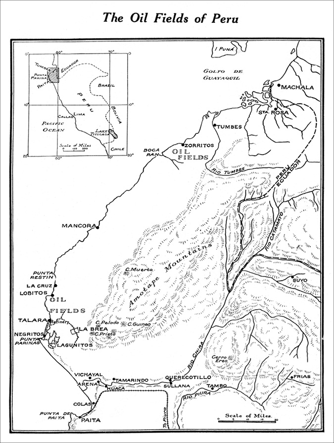 This map shows oil fields at Talara and neighboring sites on the northwest coast of Peru that were acquired by International Petroleum Company (affiliated with Imperial Oil) in 1914. The inset shows the location of the oil fields in a larger map of Peru.