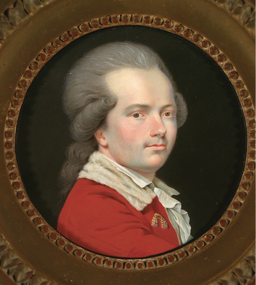 Colour painting. Head and shoulders circular portrait of a white man wearing a red coat over a white shirt. He has long grey hair that is tied behind him, with a large curl at each ear. The painting is in an elaborate circular frame.