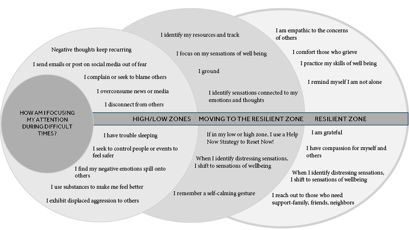 Black and white graph with four concentric circles showing the shifting from low or high zone to the Resilient Zone, with the leftmost circle being smaller, and a line coming out of it through the rest of the circles. The small circle is labelled “How am I Focusing my attention during difficult times?”, and the line coming out labels the following circles High/Low Zones, Moving to the Resilient Zone, and Resilient Zone.