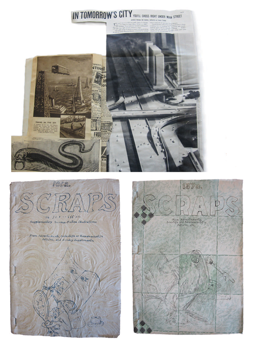 Colour photographs: above: black and white photograph of three magazine clippings, showing a sea creature, a city scape and a futuristic city scape. Below: black and white photographs of two scrapbooks, both with the title “Scraps.