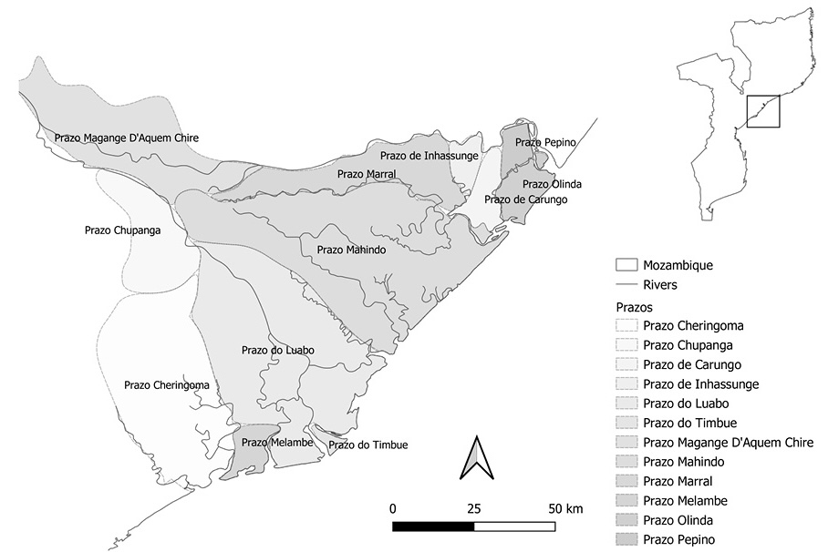 Black and white map. Magnification of the Zambezi Delta within a larger map of Mozambique. The rivers and prazos of the delta are shown, with many prazos concentrated towards wider fan of the delta on the east of the map.