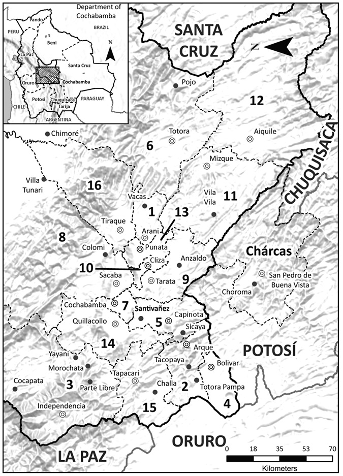 A map of the department of Cochabamba that zooms in the valley region shows some of its neighboring departments and sixteenth internal provinces.