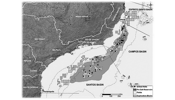 A map of offshore and pre-salt reverse off the coast of Brazil. The landmass of Brazil is visible on the left divided into regional territories. A large pre-salt reserve is apparent in the centre of the map and loosely follows the coastline at a few hundered kilometers remove. Smaller oil fields are indicated throughout, most in the central region of the pre-salt reserve. A dozen or so drilled wells are indicated with black dots, while exploration blocks are indicated with squares. The exploration blocks are distributed primarily along the western edge of the pre-salt reserve, with the highest concentration at its northern and southern extremes.