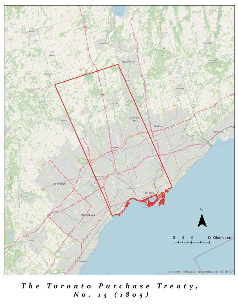 Colour map. Modern map of Toronto, with the Treaty 13 boundaries superimposed in red. This covers the central city of Toronto, and runs northwest in a long rectangle beyond the city limits to the western edge of Newmarket.