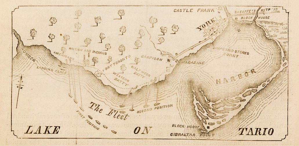 Black and sepia map. Nineteenth century map of the Toronto Harbour with a long peninsula (later Toronto Islands) on the right side. The small settlement of York is shown north of the peninsula, while on the left of the map, there are mostly trees represented, with some fortifications and locations of the American fleet. 