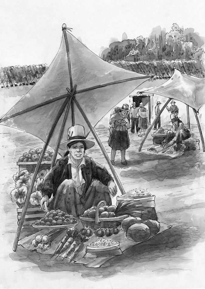 A drawing of a peasant woman sitting under a rustic market parasol displaying her agricultural commodities over a blanket on the floor.