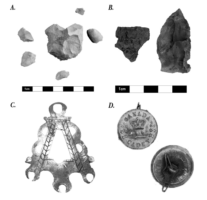 Black and white photograph: Photograph consisting of four photographs joined together that depict various items found by archaeologists and others at the Mohawk Institute.  The caption describes the images in detail. They include stone tools, a silver earring, and a button.