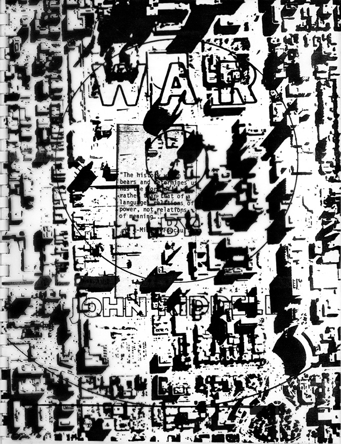 Black and white page scan: The front cover of John Riddell’s book War, with the author’s name and book title in block text. The author’s name and title are partially obscured by abstract shapes that resemble a city shown from above.