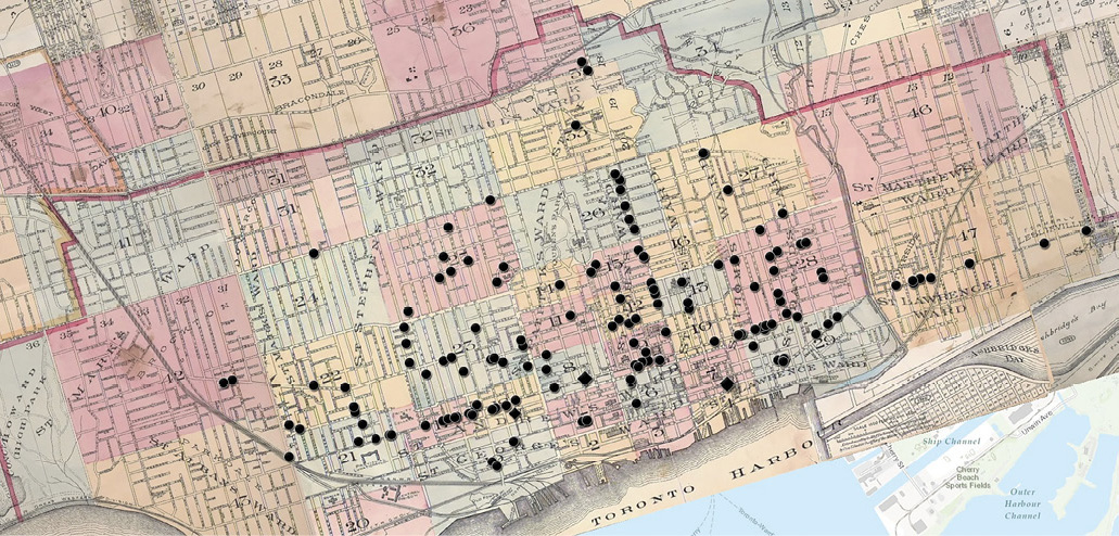 Historical map of Toronto covered in black dots