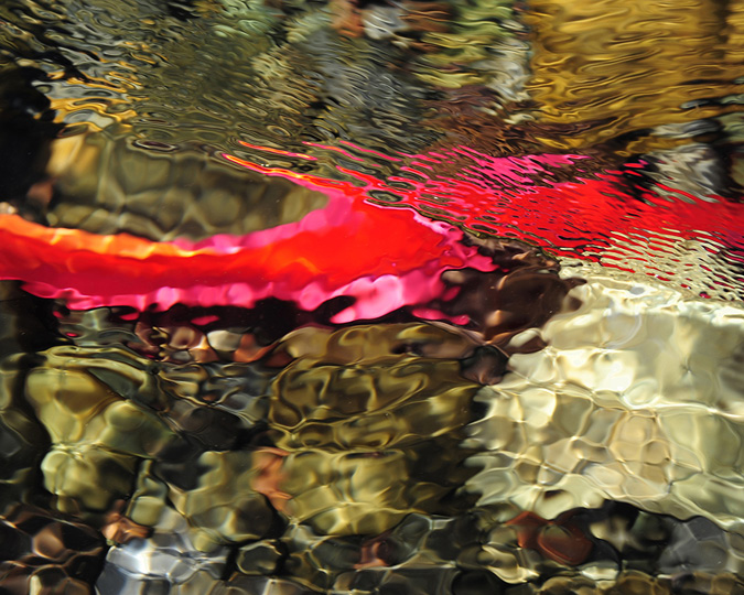 A piece of red survey tape is submerged in water that is moving and the movement leaves the surface of the water swirling and the image blurry.