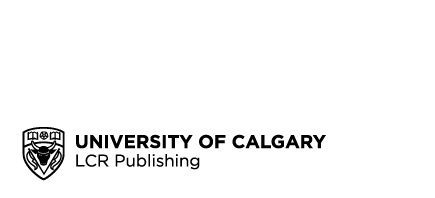 Logo: University of Calgary Press LCR Publishing - Black line drawing: A shield with a bull head in the centre, flanked by flags, with open books in the top corners and a flower between them.