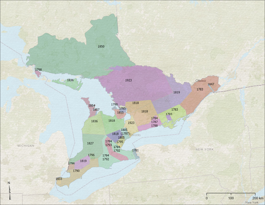 Colour map. Map of Ontario divided into coloured areas with dates, showing the boundaries and years of Anishinaabe land treaties. The treaty areas are smaller in southern Ontario, and larger in northern Ontario. Dates range from 1781 to 1923.