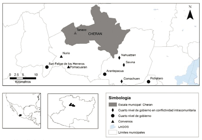 Colour map: This map shows the Cheran area of Mexico, and nearby locations to its south.
