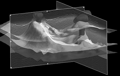 An image of seismic data rendered in three dimentions by computer simulation. Two of three planes are indicated and appear to cross in the right of the image; the horizontal plane is absent. These planes bisect the seismic data with the appearance of geological formations. The mountainous features are interupted by large, mushroom-like formations, indicating salt domes.