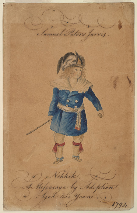 Colour drawing. Drawing of a young boy wearing a blue coat, red leg tassels, a sash, and a dark fur hat with a tail. There are handwritten captions above and below the picture.
