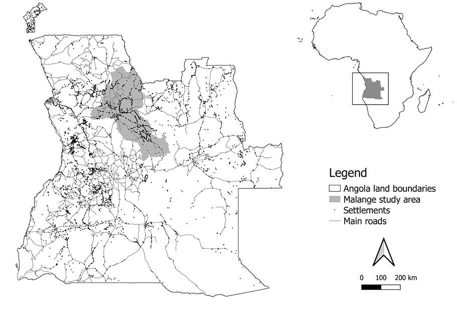 Black and white map. A large map of Angola. There is a small cutout map next to this showing Angola’s location in Africa. The map of Angola is crossed by roads, shown as lines, and settlements, shown as dots. These are heavily concentrated on the western half of the map, with few present in the southeast. A large coloured patch in the central north of the map shows the Malange study area.