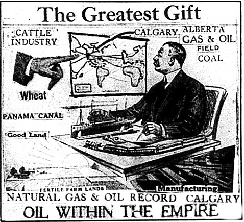 Figure 3-2 “The Greatest Gift” Black and white drawing featuring a businessman sitting at his desk. On the wall is a large map of the world with lines connecting Calgary to markets across the Atlantic and Pacific Oceans. A closer look shows a new transportation route from Canada’s West coast to the Caribbean and points beyond via the Panama Canal. All the important industries in Alberta surround the map, and includes, like cattle, wheat, coal, and a gas and oil field. On the businessman’s desk is a railway train and a steamship. Also featured in the picture is a small picture of the sun rising on a wheat field; on the other corner is a picture of a series of buildings labelled “Manufacturing.”