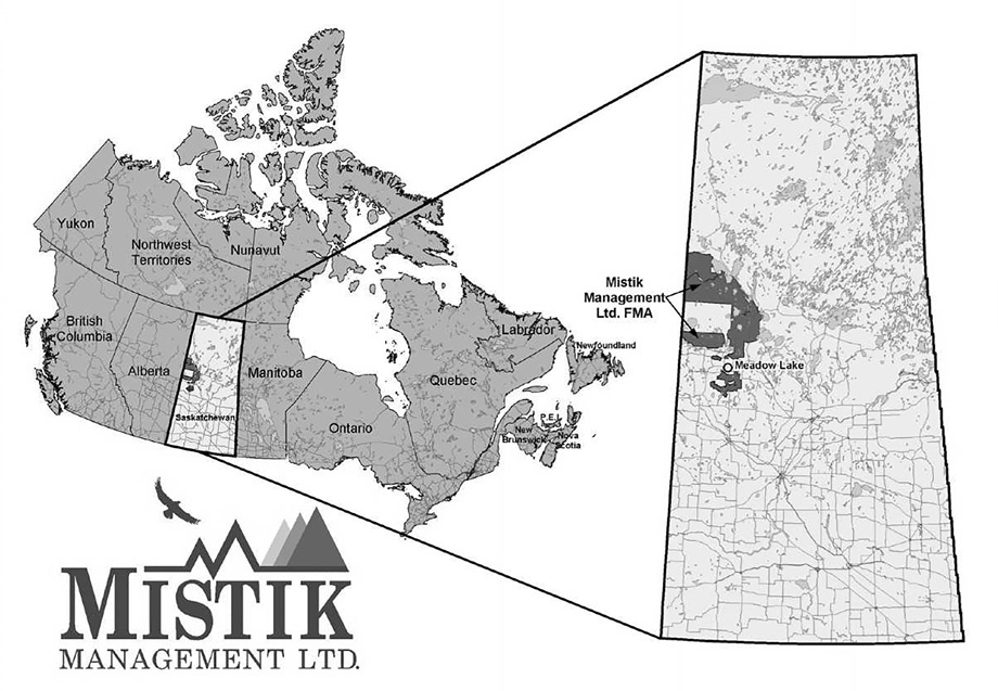 Black and white map with logo. Map of Canada, with Saskatchewan separately magnified. The Mistik Management Ltd. FMA is highlighted in Saskatchewan, above Meadow Lake in the northwest. The Mistik Management logo is below. This depicts an abstract mountain range and a flying eagle silhouette above the words Mistik Management LTD.