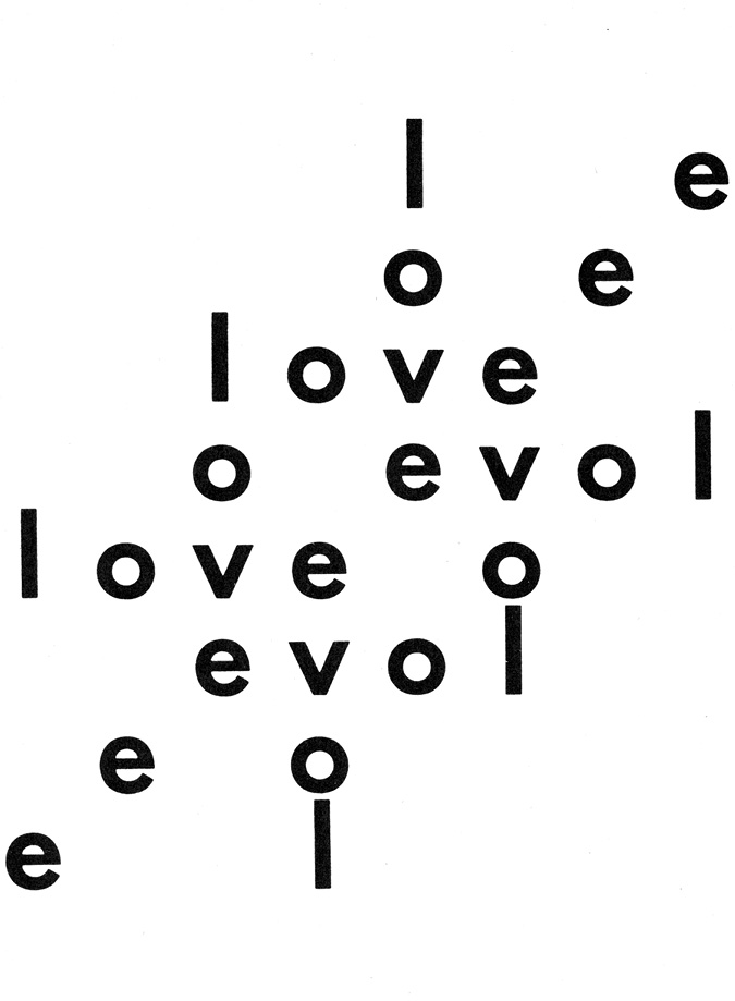 Black and white page scan: The word “love” written numerous times forwards and backwards in a lattice-like formation using a sans serif font.