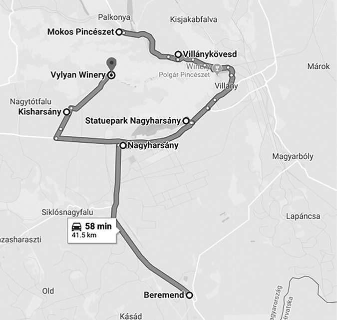 Black and white map, driving direction map of locations in southern Hungary, the driving time between all locations is shown as 58min, or 41.5km. The locations shown are Vylyan Winery, Kisharsány, Nagharsány, Beremend, Statuepark Nagyharsány, Villánykövesd, and Mokos Pincészet.