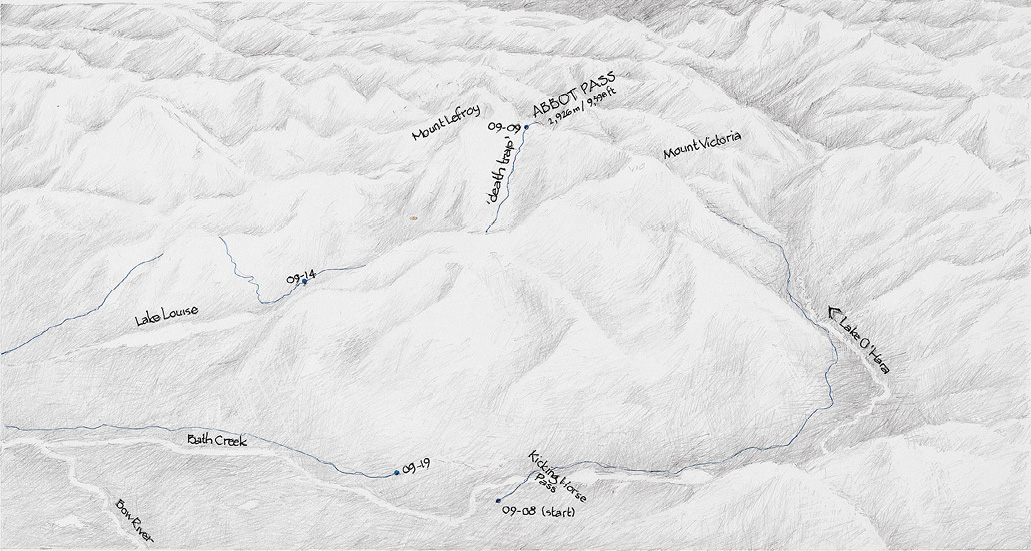 Hand-drawn map of Rocky Mountains in Canada with lines indicating travel route