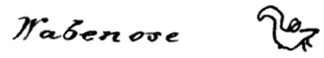 Black and white illustration. Handwritten name of Wabenose, with a line drawing of his Doodem, an eagle, from a historical document.