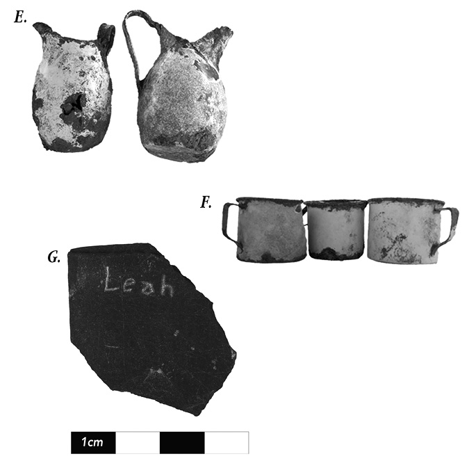 Black and white photograph: Photograph consisting of three photographs joined together that depict various items found by archaeologists and others at the Mohawk Institute.  The caption describes the images in detail. They include jugs, mugs, and a student’s tablet.