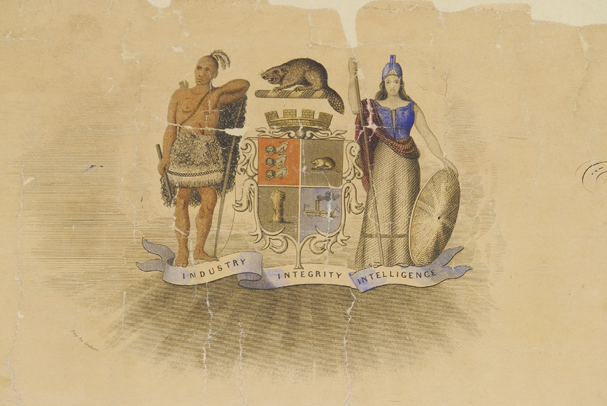 Colour drawing. A coat of arms, with a First Nations man holding a club on the left and a white woman (Britannia) wearing a helmet and long gown. She is holding a spear on the left and shield on the right. There is a beaver at the top of the coat of arms, and four symbols on the shield. The ribbon at the bottom reads “Industry, Integrity, Intelligence.”