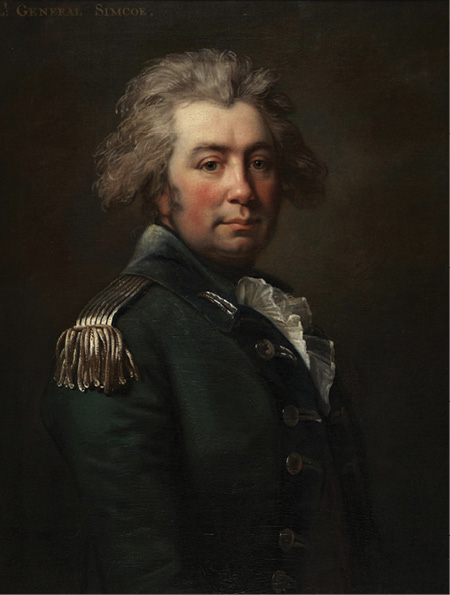 Colour painting. Chest up portrait of a white man in military uniform looking forward, against a dark background. He is wearing a dark green jacket with gold epaulettes, a white shirt with ruffles, and has frizzy medium-length grey-brown hair.