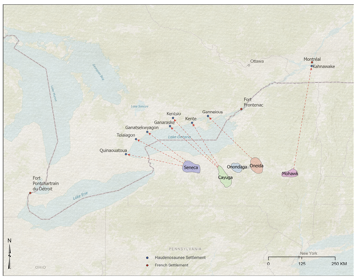 Colour map. Map of the Great Lakes Region. A number of settlements are shown on the north of Lake Ontario, while the homelands of five Haudenosaunee groups are shown with coloured patches in upstate New York. Arrows run from these Haudenosaunee groups to the settlements north of Lake Ontario, and to one near Montreal.