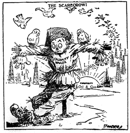 Figure 5-2 “The Scarecrow.” Black and white cartoon. As the sun labelled “PROSPERITY: Oil and Gas” rises in the background, a field dotted with oil derricks frames a haggard scarecrow labelled “Calamity Howler.” Hundreds of birds named “Oil” and “Gas” arrive from the direction of the derricks to feast and pick apart the straw stuffing of the scarecrow.