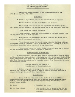 Cover of Archival Document 5.1 -   Office Consolidation of Regulations Governing Hunting and Tapping in Wood Buffalo Park, 1933